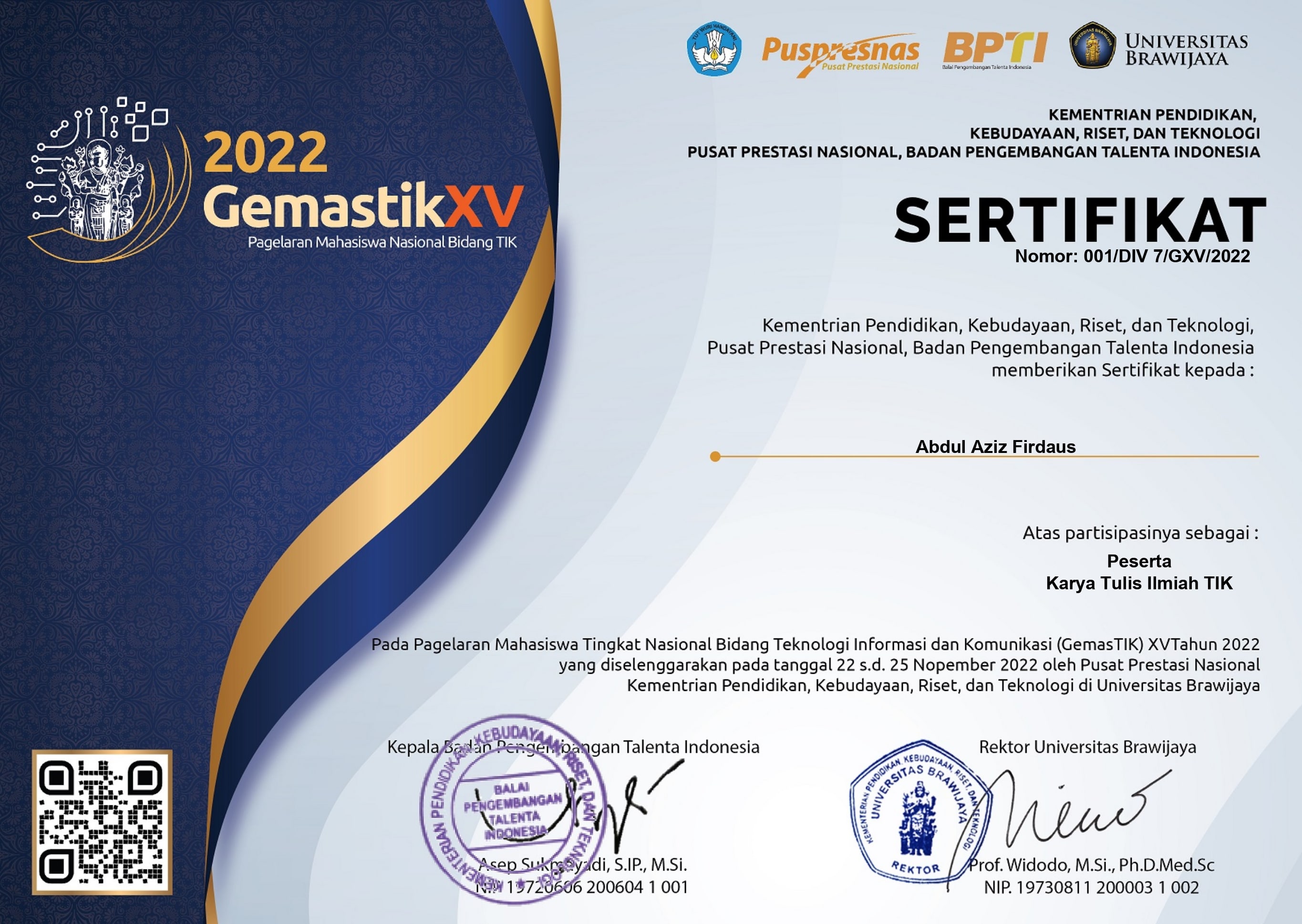 Certificate Gemastik XV